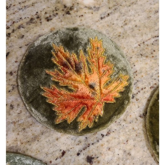 Vintage Velvet Orange Green Leaf Stitching Coasters Set of 6 Fall Autumn Holiday - Picture 8 of 10